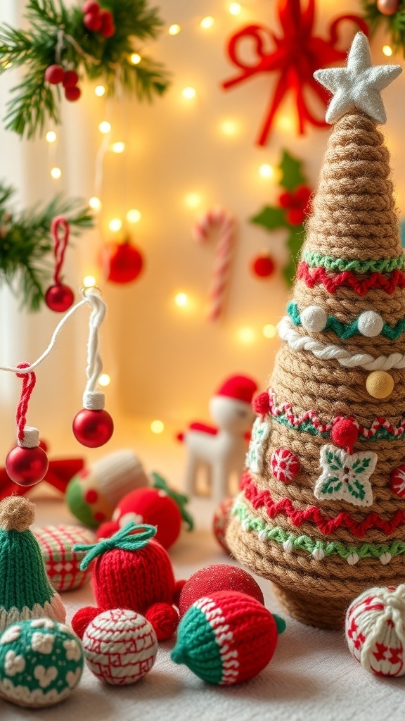 Knitted Christmas tree decorations including mini ornaments, garland, and a full-sized tree.